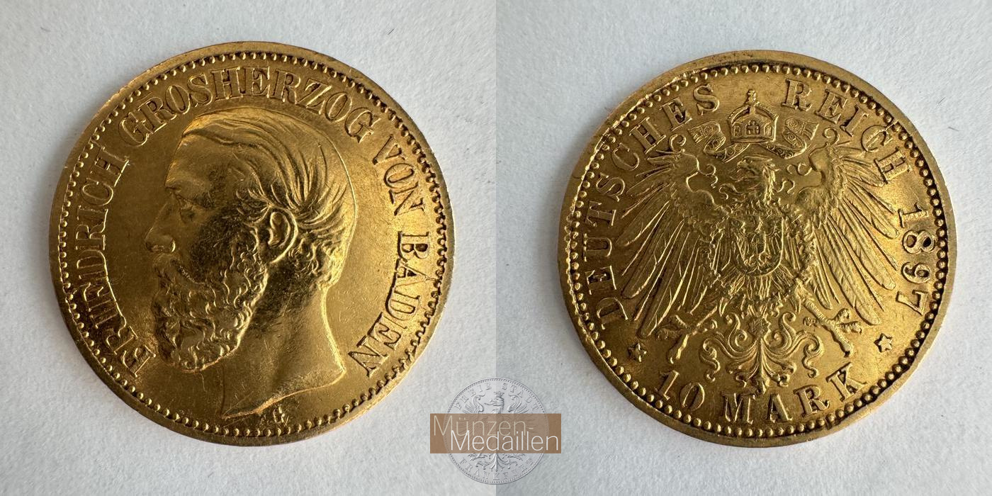 Baden  10 Mark MM-Frankfurt KM#267 Feingold:  3,58g Friedrich I. 1897 G 