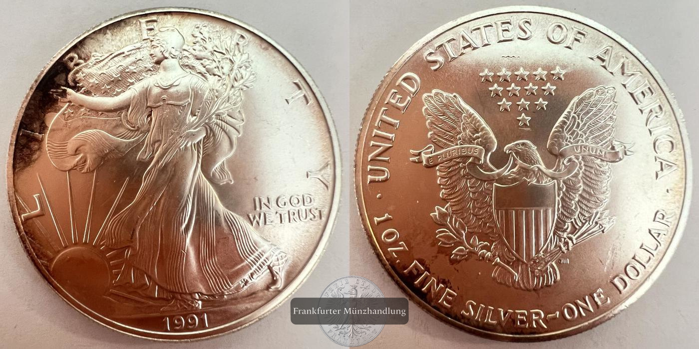  USA 1 Dollar 1991 Walking Liberty FM-Frankfurt KM#273 Feinsilber: 31,1g   