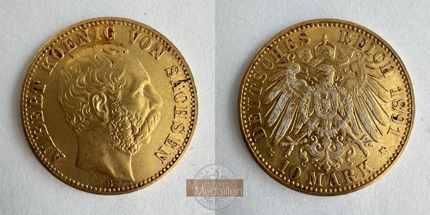 Dt. Kaiserreich Sachsen, Albert MM-Frankfurt KM#1247 Feingold: 3,58g 10 Mark (1891-1902) 1891 E 