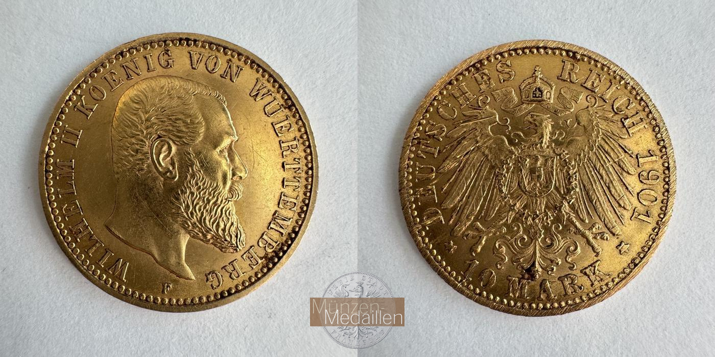 Dt. Kaiserreich Württemberg, Wilhelm II MM-Frankfurt KM#633 Feingold: 3,58g 10 Mark (1893-1913) 1901 F 