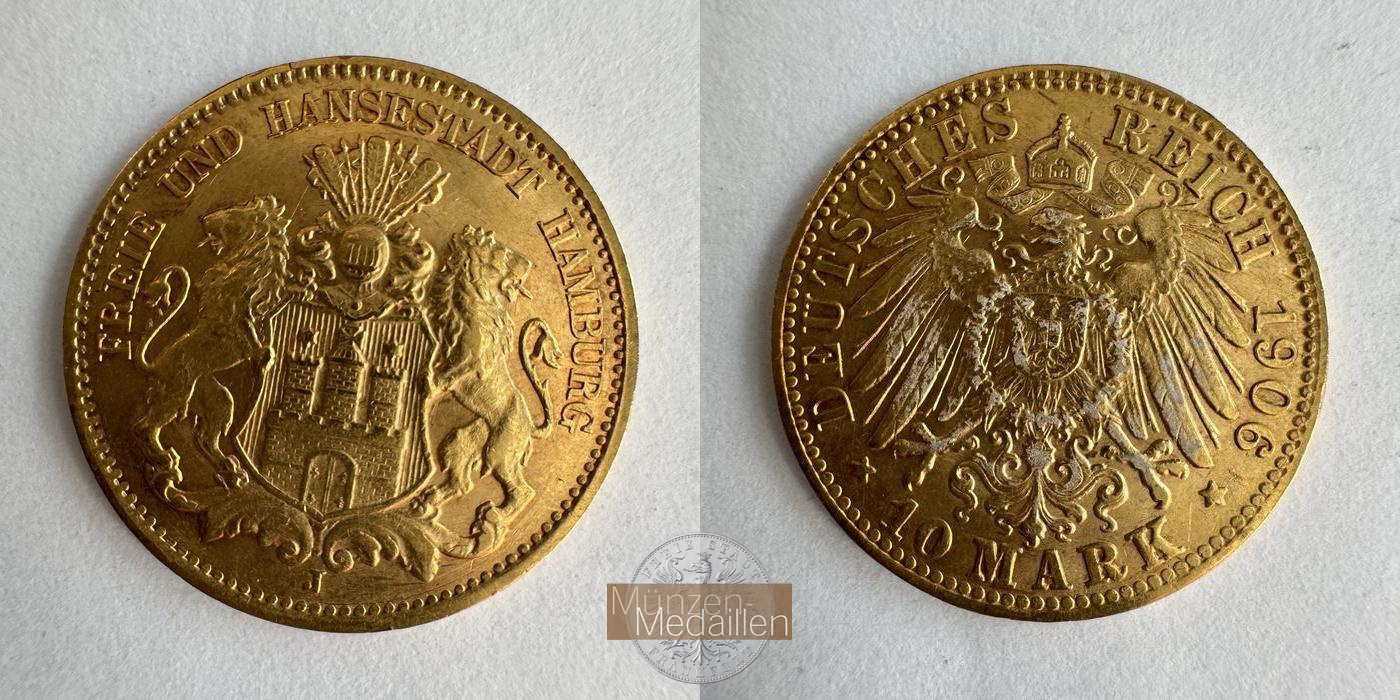 Deutsches Kaiserreich, Hamburg MM-Frankfurt KM#608 Feingold: 3,58g 10 Mark 1906 'J' 