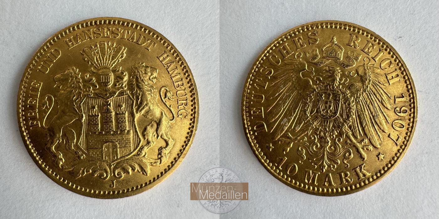 Deutsches Kaiserreich, Hamburg MM-Frankfurt KM#608 Feingold: 3,58g 10 Mark 1907 'J' 