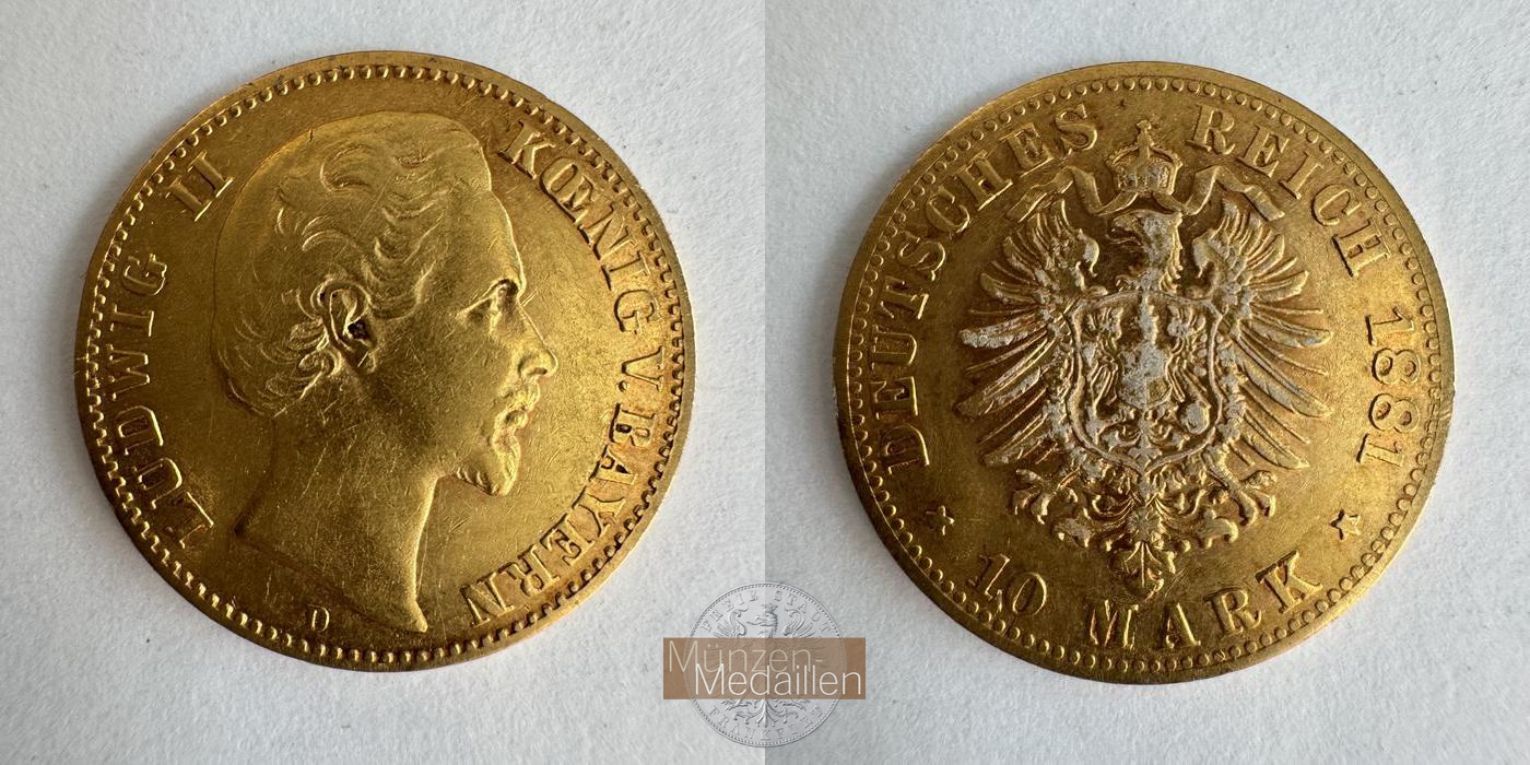 Bayern, Kaiserreich  10 Mark MM-Frankfurt KM#898 Feingold: 3,58g Ludwig II 1881 D 