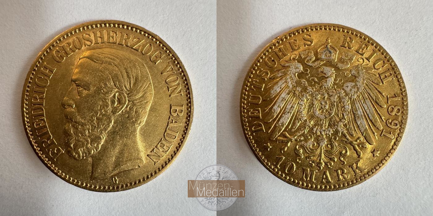 Baden  10 Mark MM-Frankfurt KM#267 Feingold:  3,58g Friedrich I. 1891 G 