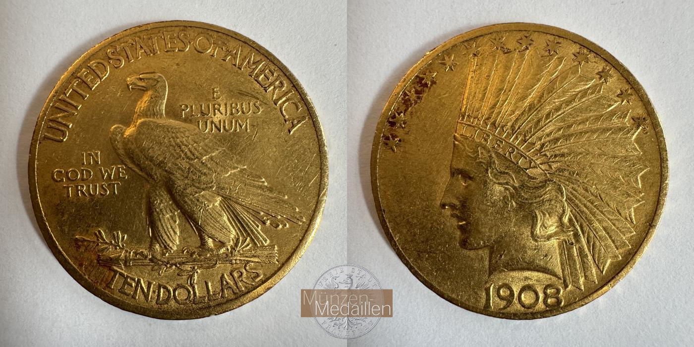  USA 10 Dollar Eagle Indian Head 1908 MM-Frankfurt KM#130 Feingold: 15,05g   