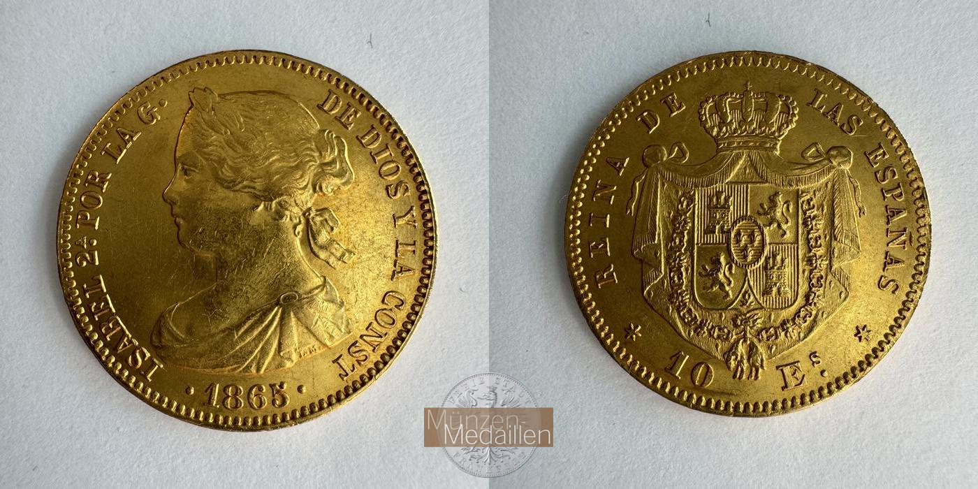  Spanien 10 Escudos Isabella II 1865 (1865-1873) MM-Frankfurt KM#626.1 Feingold: 7,55g   