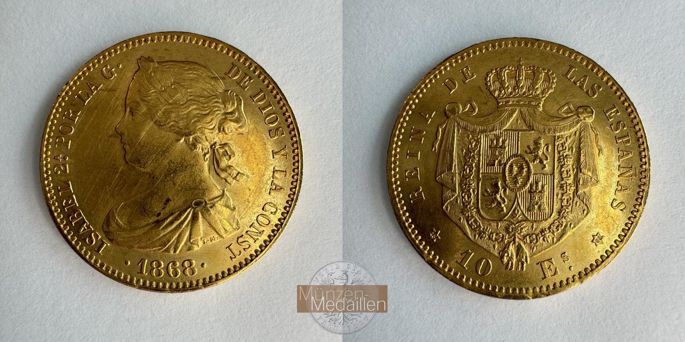  Spanien 10 Escudos Isabella II 1868 (1865-1873) MM-Frankfurt KM#626.1 Feingold: 7,55g   