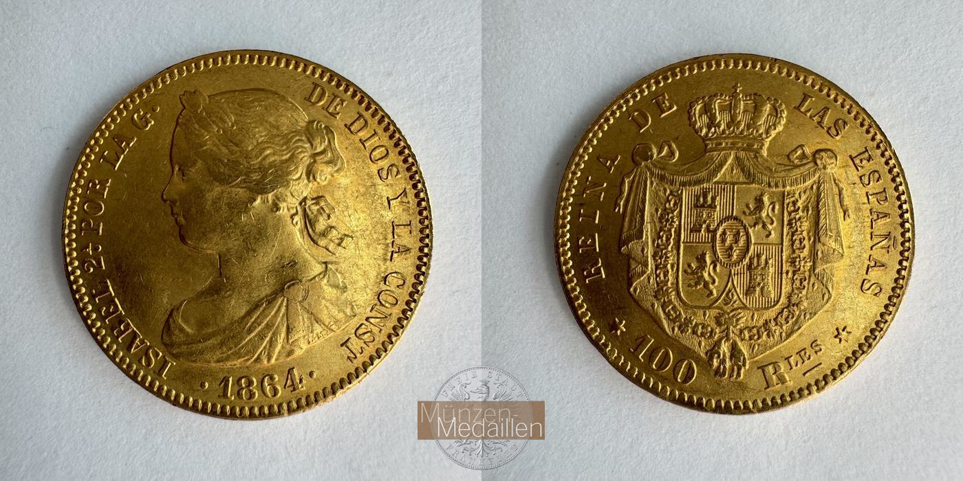  Spanien 100 Reales Isabella II 1864 (1863-1864) MM-Frankfurt KM#617.1 Feingold: 7,47g   