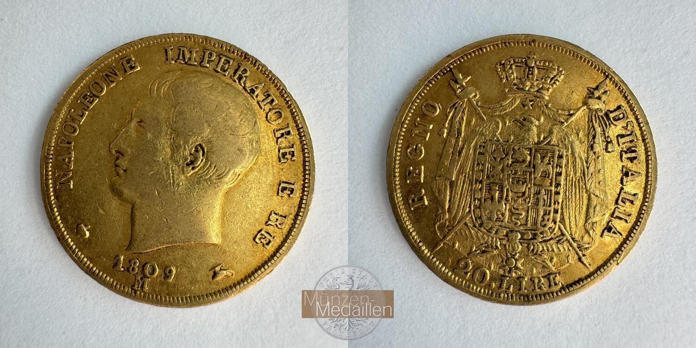  Italien 20 Lire Napoleon I 1809 (1808-1814) MM-Frankfurt KM#11 Feingold: 5,8g   