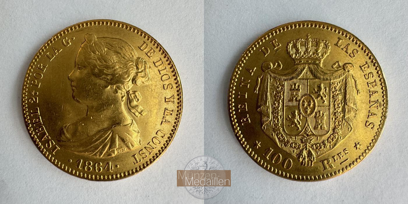  Spanien 100 Reales Isabella II 1864 (1863-1864) MM-Frankfurt KM#617.1 Feingold: 7,47g   