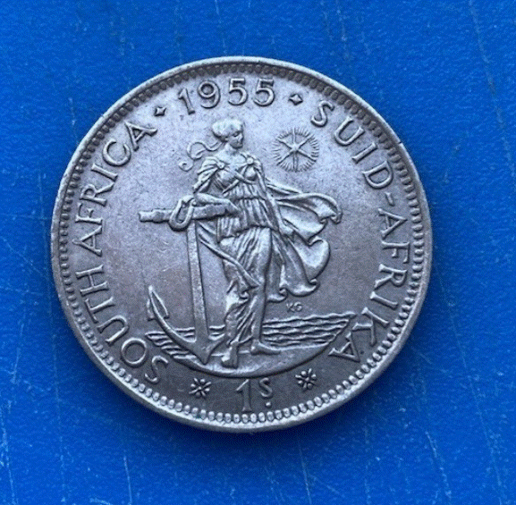  SILBER - Südafrika 1 Shilling 1955 Elizabeth II. & Figur der Hoffnung (Spes)   