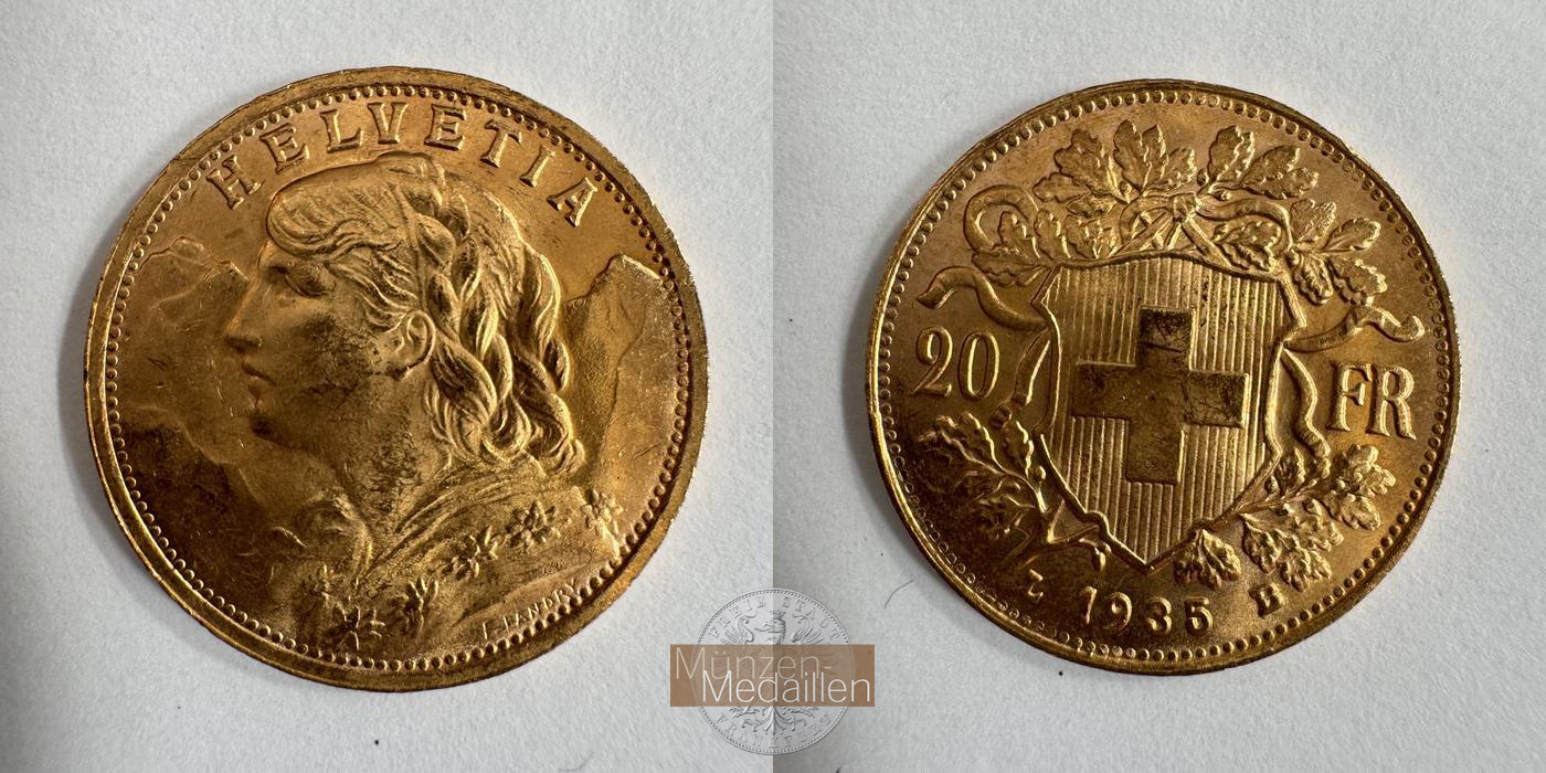  Schweiz 20 Francs Helvetia 1935 'LB' MM-Frankfurt KM#35.1 Feingold: 5,81g   