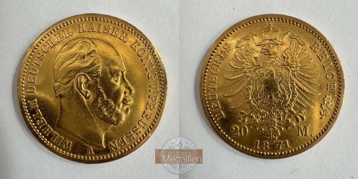 Deutsches Kaiserreich Preußen, MM-Frankfurt KM#501 Feingold: 7,17g Wilhelm I 20 Mark 1871 A 
