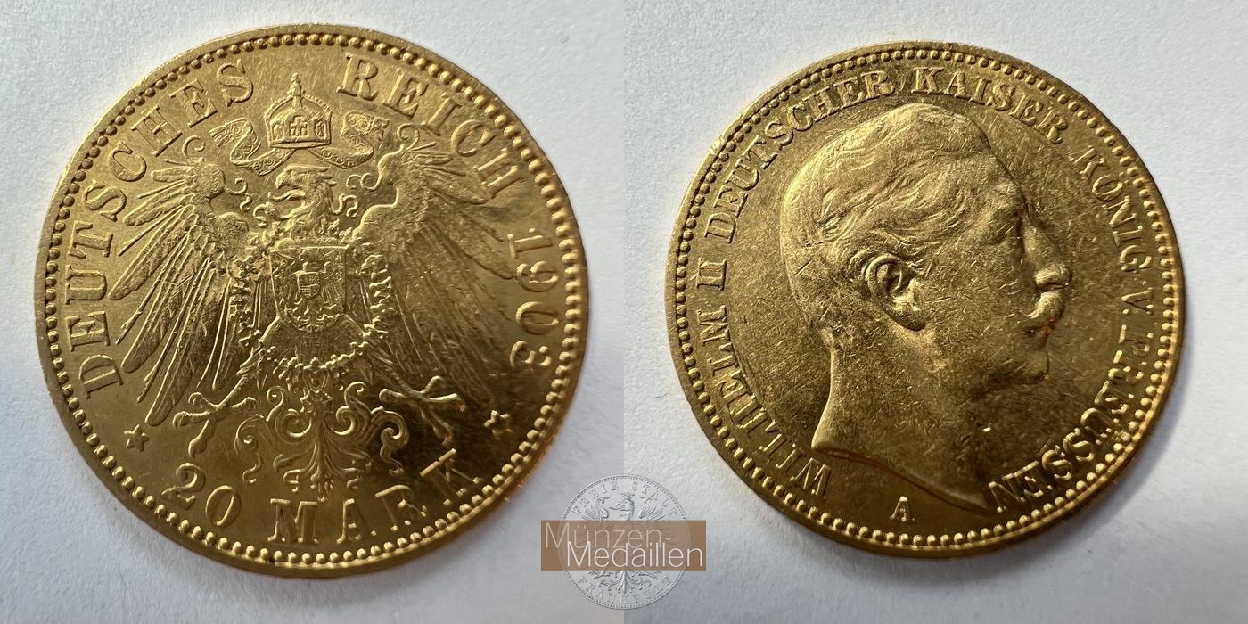 Deutsches Reich. Preussen, Wilhelm II. MM-Frankfurt KM#521 Feingold: 7,17g 20 Mark 1903 A 