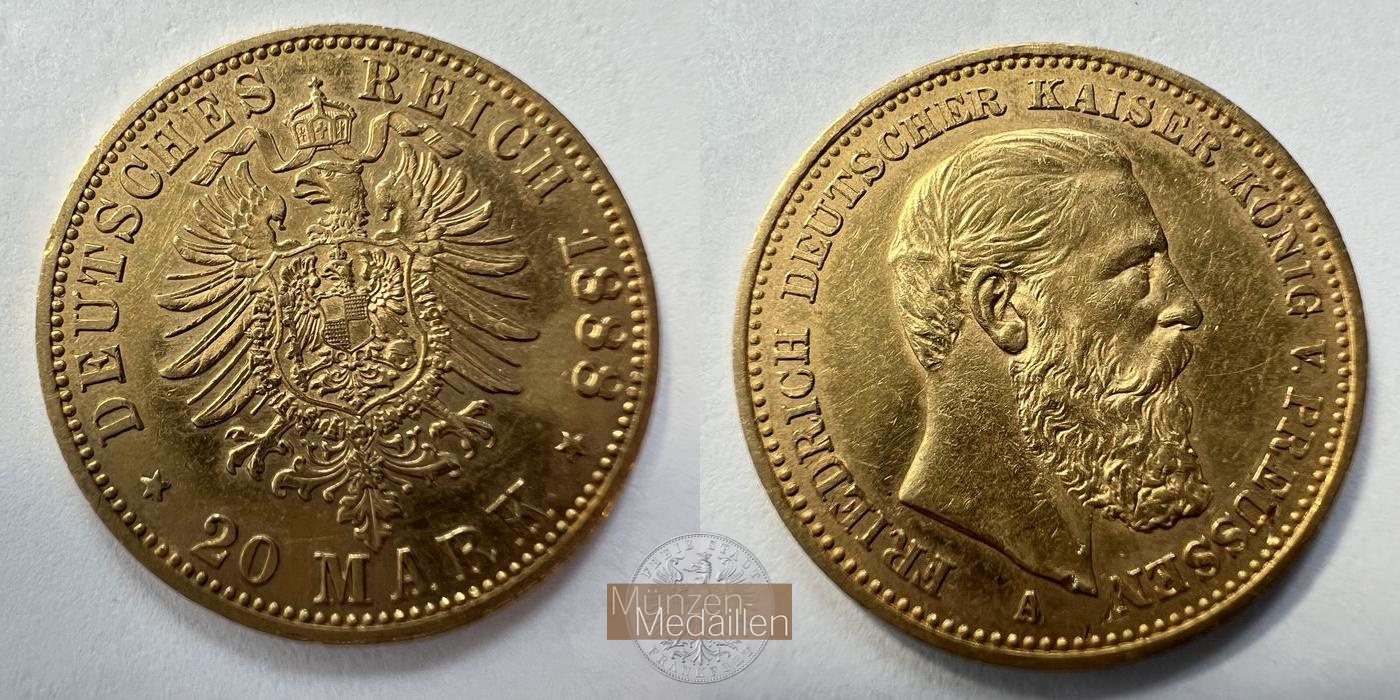 Dt. Kaiserreich Preussen, Friedrich III MM-Frankfurt KM#515 Feingold: 7,17g 20 Mark 1888 A 