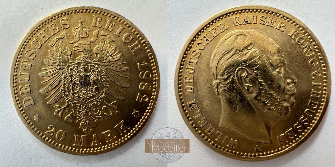 Dt. Kaiserreich Preussen, Wilhelm I. MM-Frankfurt KM#505 Feingold: 7,17g 20 Mark 1882 A 