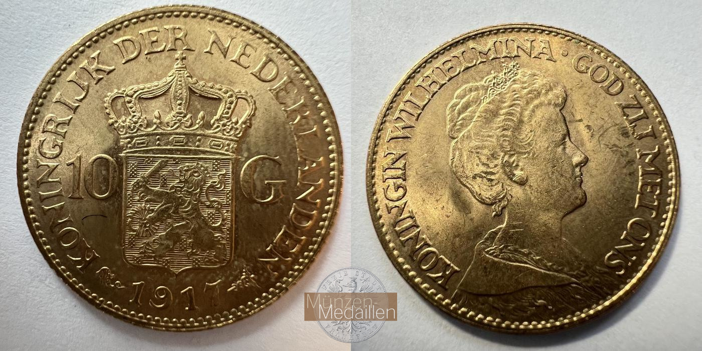 Niederlande, Wilhelmina I MM-Frankfurt KM#162 Feingold: 6,05g 10 Gulden 1917 1917 
