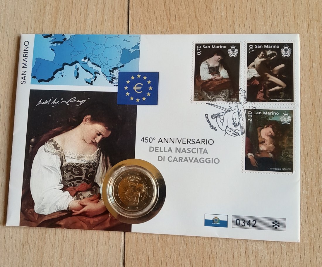 San Marino 2 Euro 2021 Caravaggio in einem seltenen Numisbrief