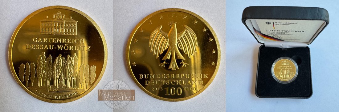  Deutschland 100 Euros (Gartenreich Dessau-Wörlitz) 2013 'J' MM-Frankfurt KM#322 Feingold: 15,55g   
