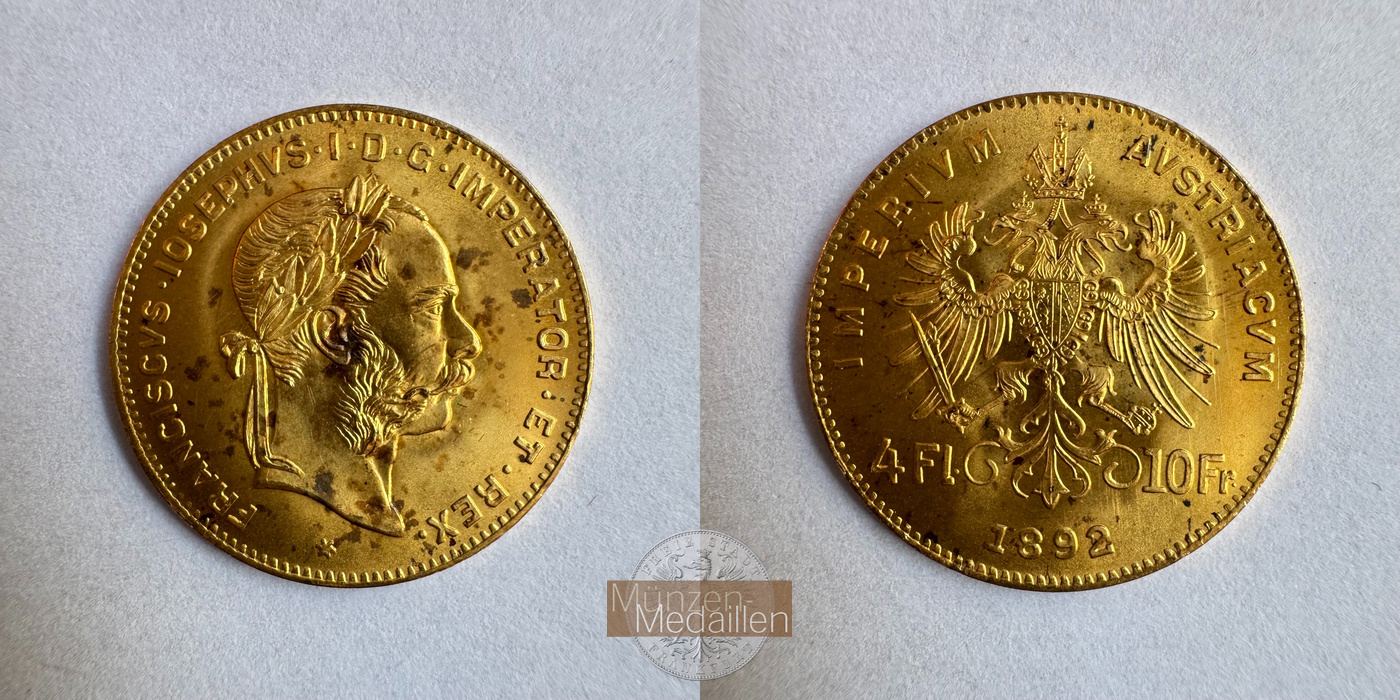  Österreich 4 Florins / 10 Francs Francis Joseph I 1892 (1870-92) MM-Frankfurt KM#2260 Feingold: 2,9g   