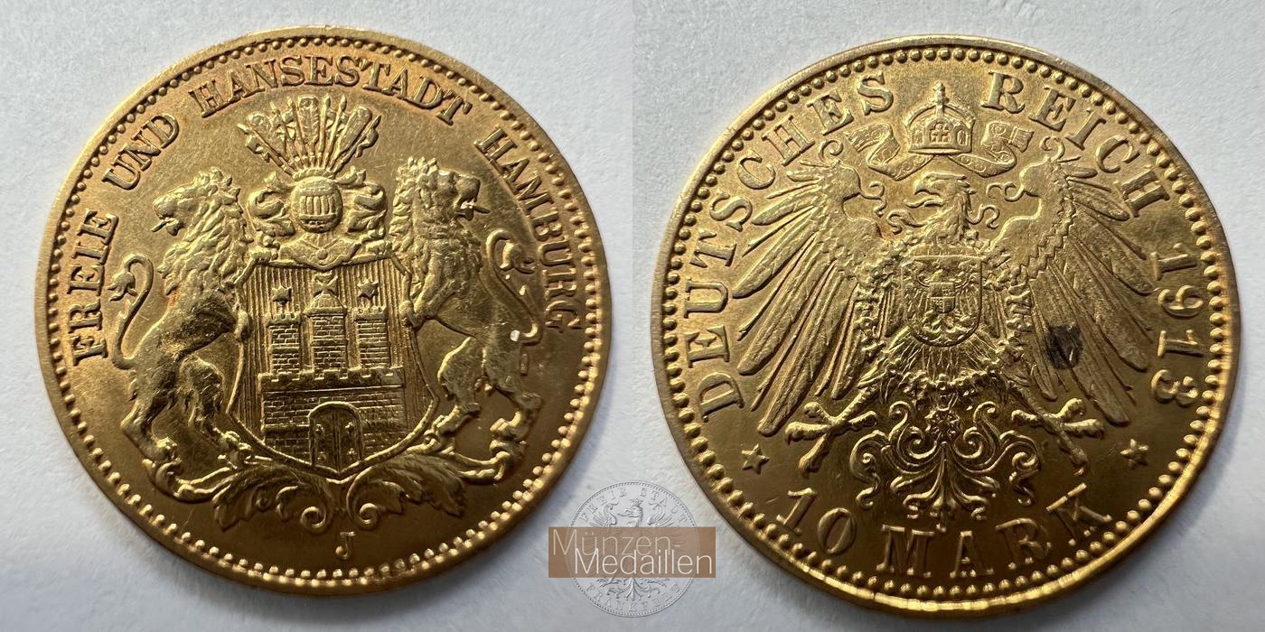 Deutsches Kaiserreich, Hamburg MM-Frankfurt KM#608 Feingold: 3,58g 10 Mark 1913 'J' 