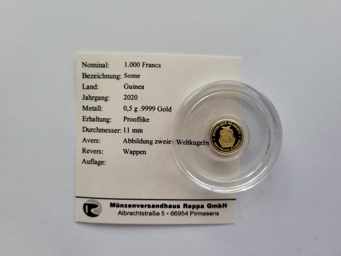  1000 Francs 2020 Sonne Unified Nation Goldmünze 0,5g 9999 Guinea Spittalgold9800 (5525   