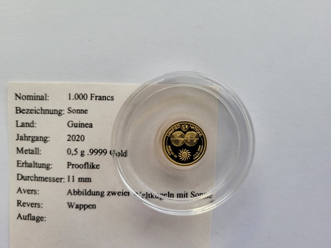  1000 Francs 2020 Sonne Unified Nation Goldmünze 0,5g 9999 Guinea Spittalgold9800 (5525   