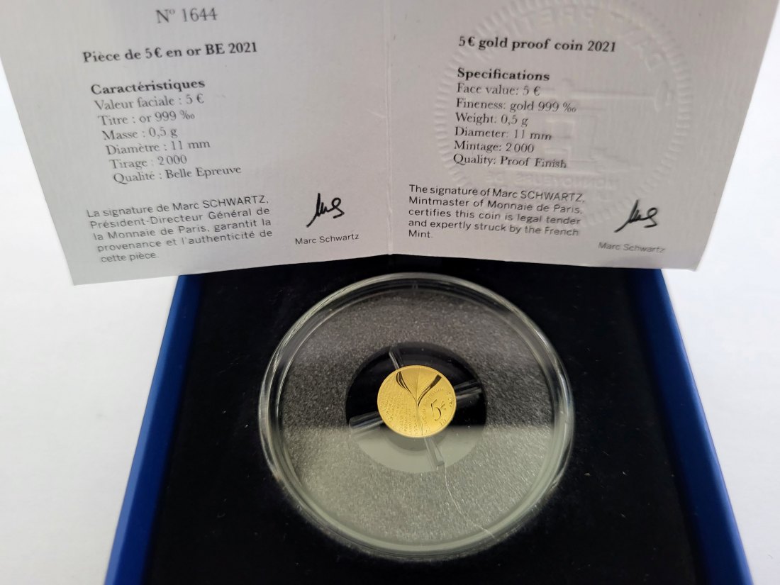  5 Euro 2021 Monnaie de Paris Goldmünze 0,5g 999 Frankreich Spittalgold9800 (5525   