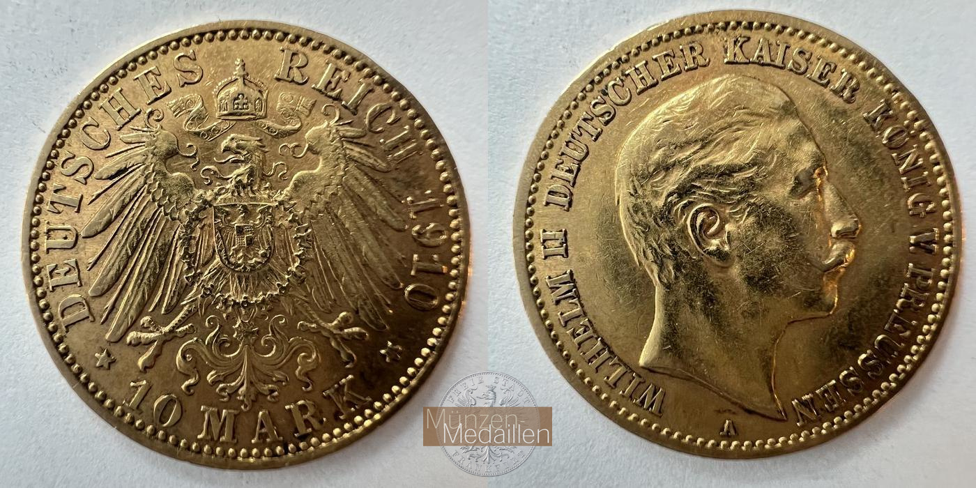 Dt. Kaiserreich Preussen, Wilhelm II MM-Frankfurt KM#520 Feingold: 3,58g 10 Mark (1890-1912) 1910 A 
