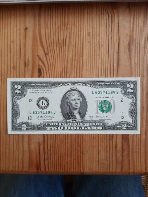 USA 2017 A, 2 Dollar Banknote Thomas Jefferson, Serie L/B, kassenfrisch