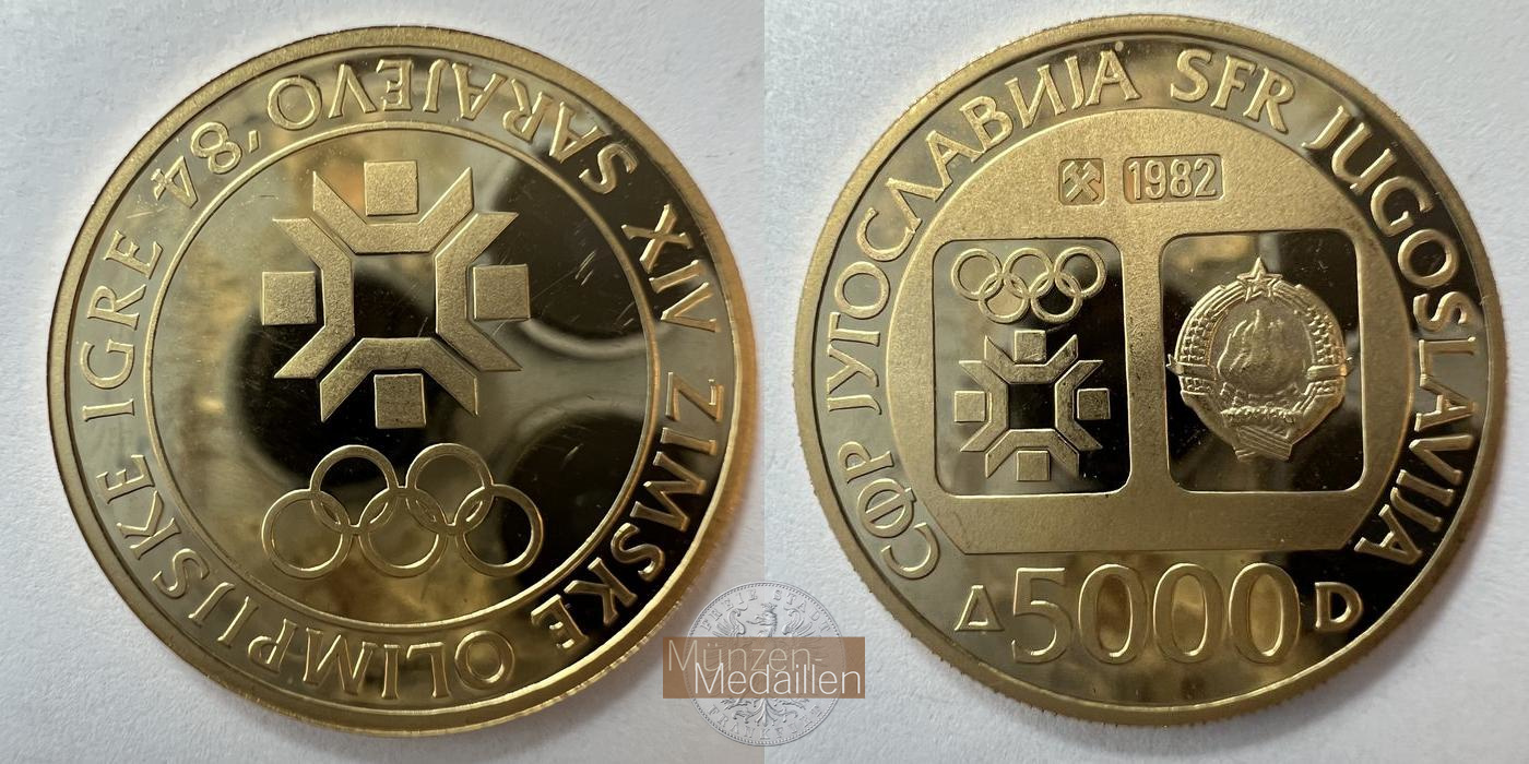  Jugoslawien 5000 Dinara 1982(Winter Olympics 1984 - Emblem) MM-Frankfurt KM#95 FeinGold: 7,2g   