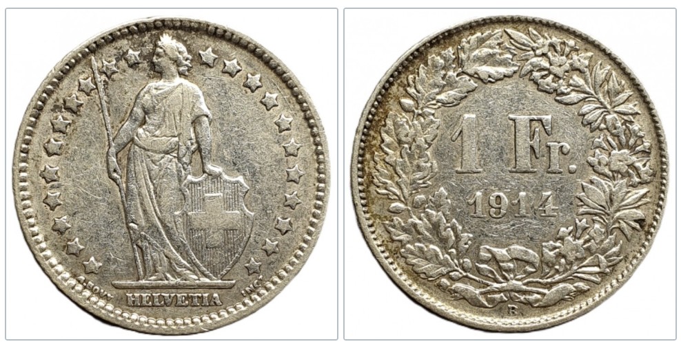  Schweiz 1 Franken 1914 - Silber 4,17g fein   