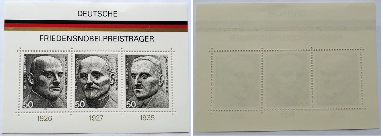  1975, Deutschland, 2 St.Briefmarkenbogen: Deutsche Friedensnobelpreisträger, postfrisch   