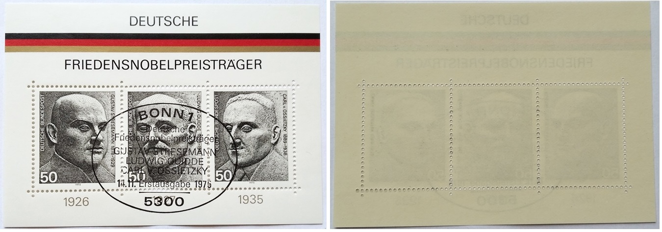  1975, Deutschland, 2 St.Briefmarkenbogen: Deutsche Friedensnobelpreisträger, postfrisch   