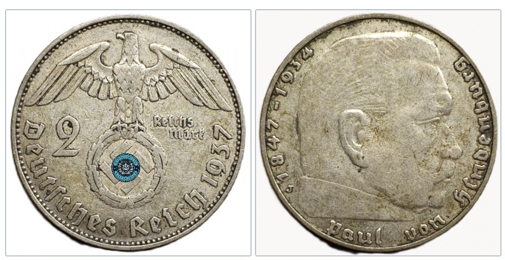 Drittes Reich 2 Reichsmark 1937 J Hamburg mit HK - Silber 5g fein   