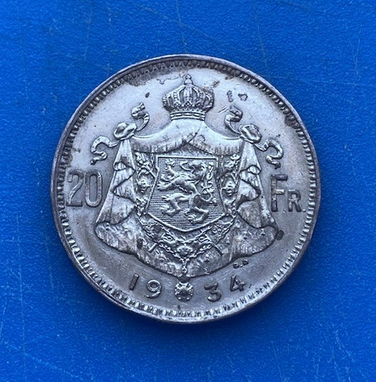  SILBER - Belgien 20 Francs / Frank 1934 (König Albert I.)   