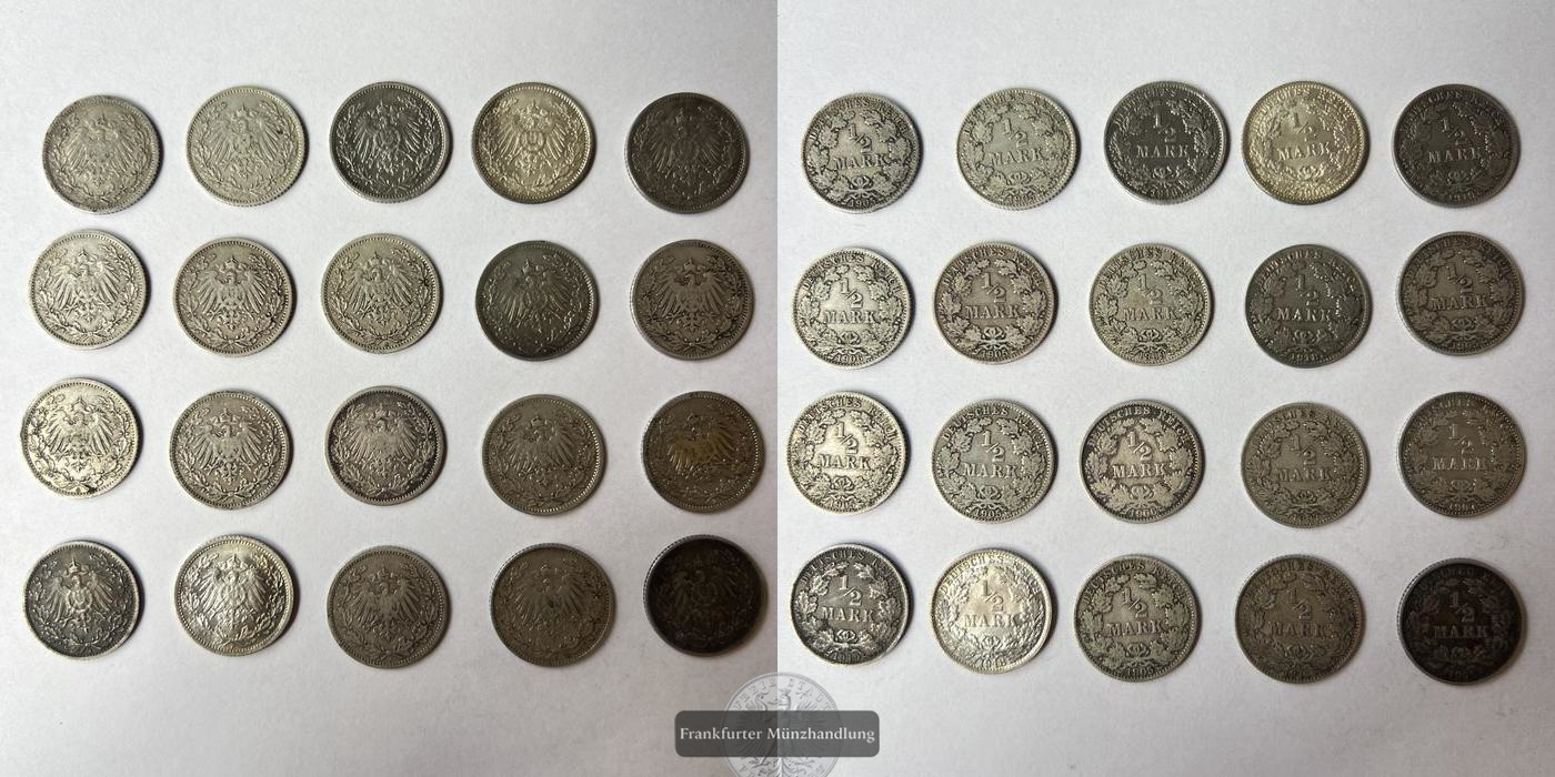  Lot: 20x Deutschland ½ Mark 1905-1919 (type 2 - small shield) FM-Frankfurt KM#17 Feinsilber: 49,55g   