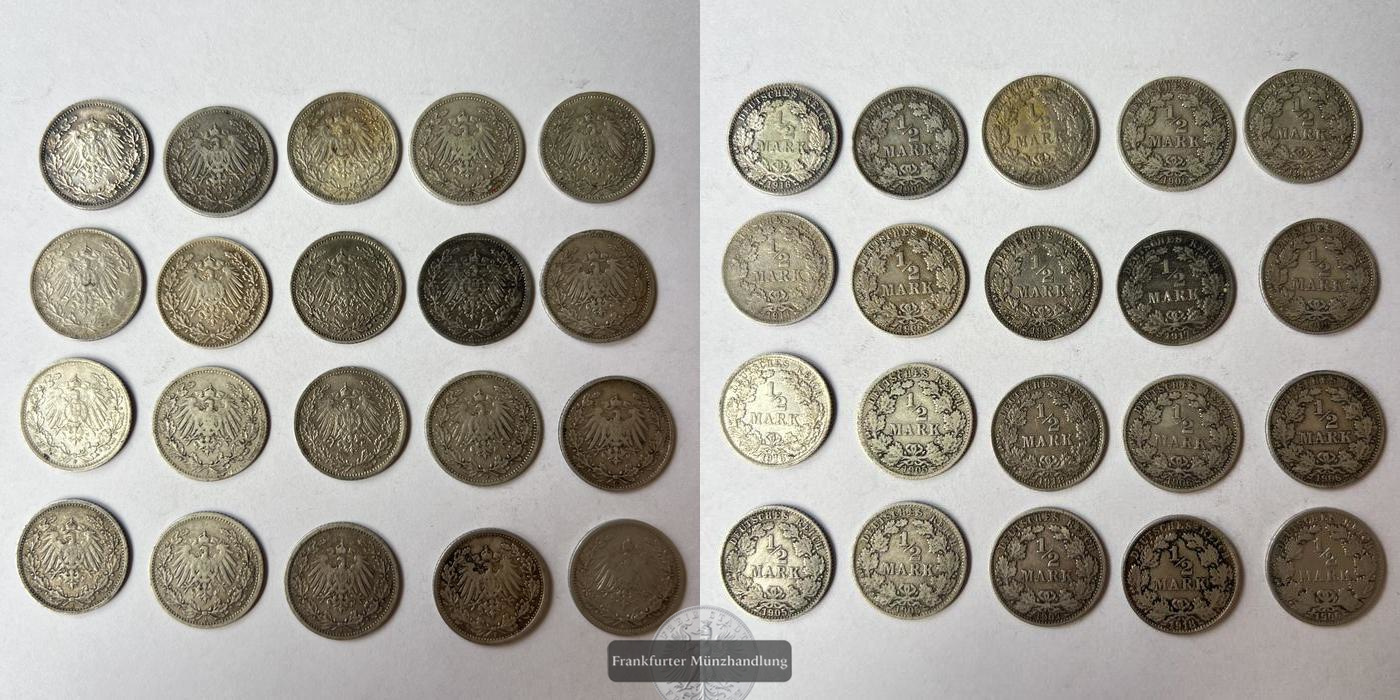  Lot: 20x Deutschland ½ Mark 1905-1919 (type 2 - small shield) FM-Frankfurt KM#17 Feinsilber: 49,5g   