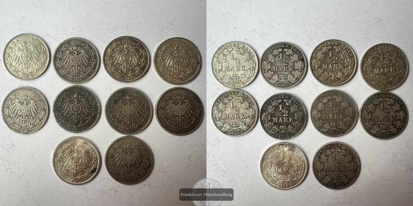  Lot: 10x Deutschland ½ Mark 1905-1919 (type 2 - small shield) FM-Frankfurt KM#17 Feinsilber: 24,74g   