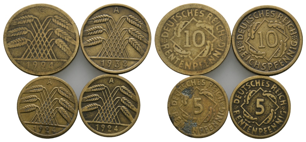  Deutsches Reich; Weimarer Republik; 10 Reichspfennig und 5 Reichspfennig (4 Kleinmünzen)   