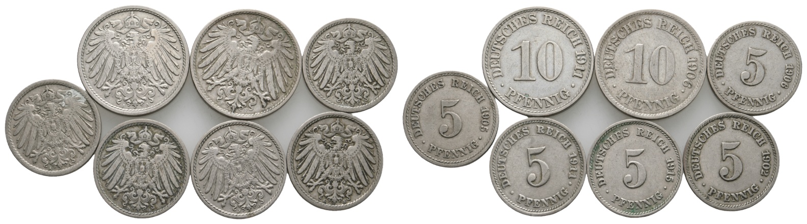  Kaiserreich; 7 Kleinmünzen 1902-1911   