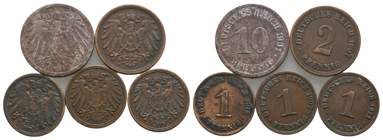  Kaiserreich; 5 Kleinmünzen 1901-1911   