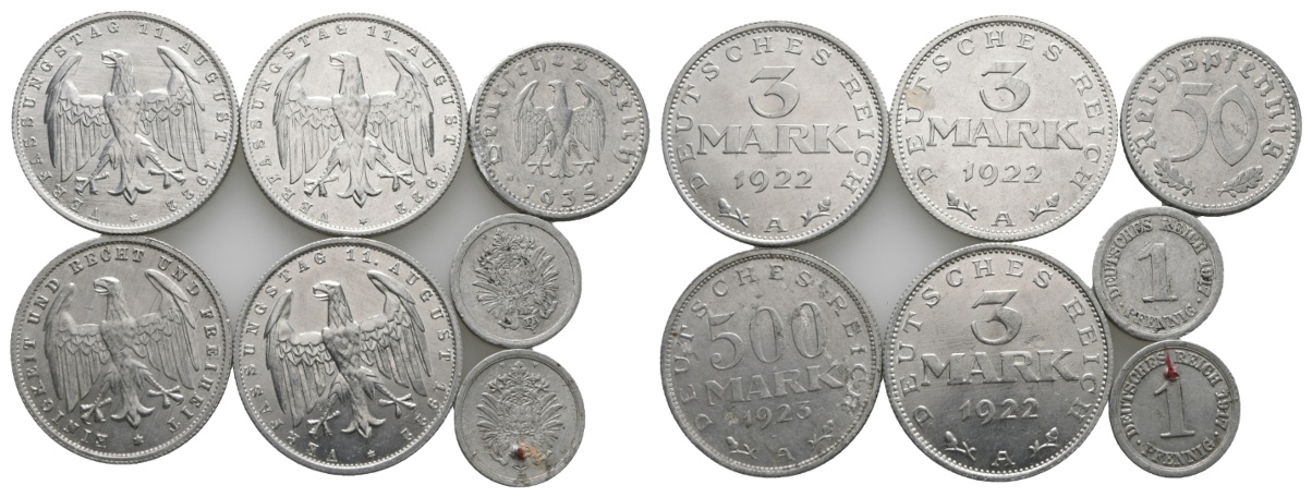  Deutsches Reich; 7 Kleinmünzen 1922/1923/1935/1917   