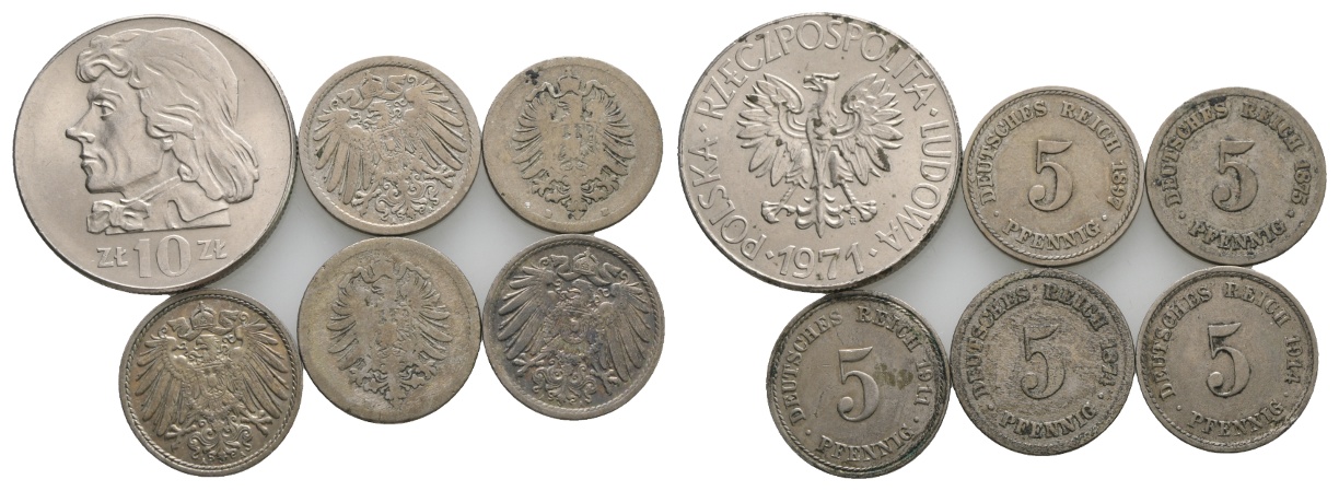  Kaiserreich; 5 Kleinmünzen; Polen 10 Zloty 1971   