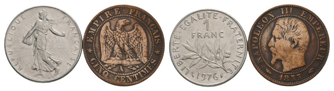  Frankreich; 2 Kleinmünzen 1976/1855   