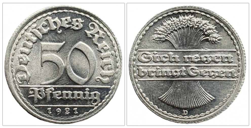  Deutschland 50 Pfennig 1921 Münzzeichen D - München   