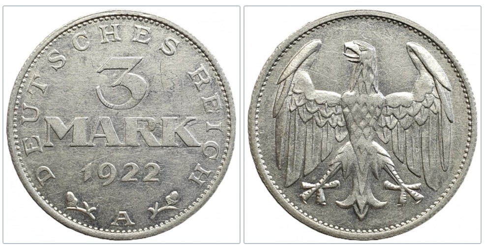  Deutschland 3 Mark 1922 Münzzeichen A - Berlin   
