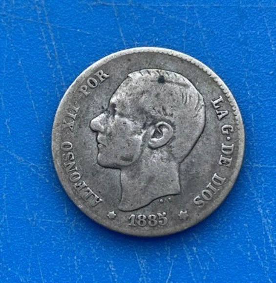  SILBER - Spanien 1 Peseta 1885 (Alfonso XII.) Kopfbildnis & Gekröntes Wappen   
