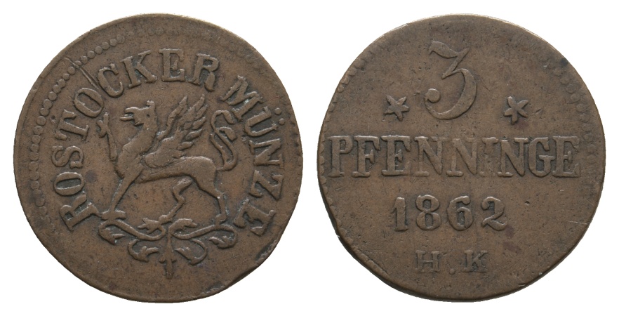  Altdeutschland; Hansestadt Rostock; Kleinmünze 1862   
