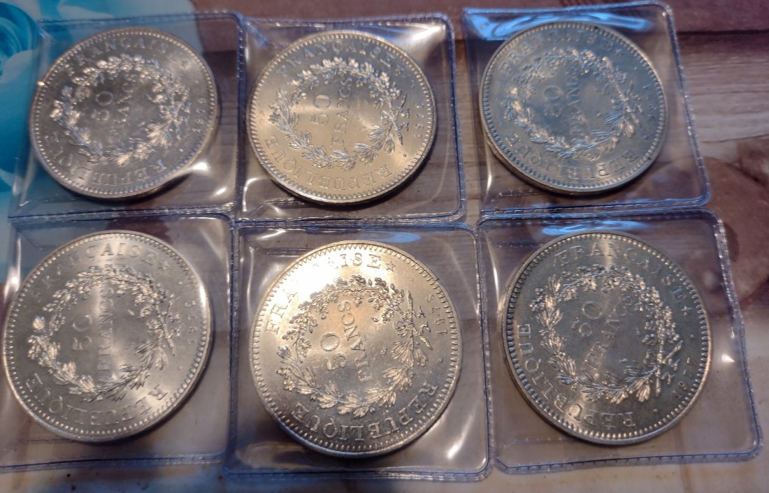  Silbermünzen, 6x 50francs Hercules Gruppe   